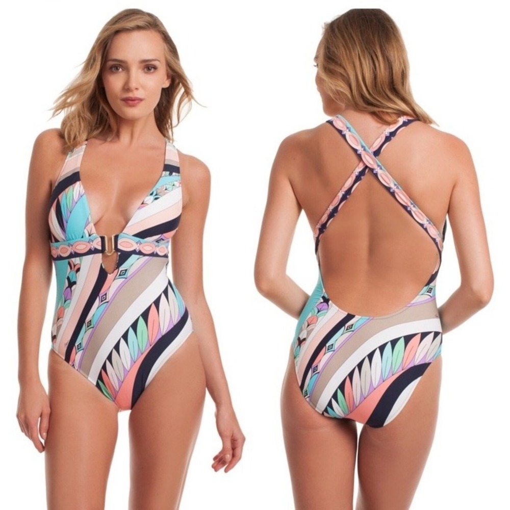 Trina Turk Electric Wave Cross Back One Piece Plunge Swimsuit 12 TT8BC09